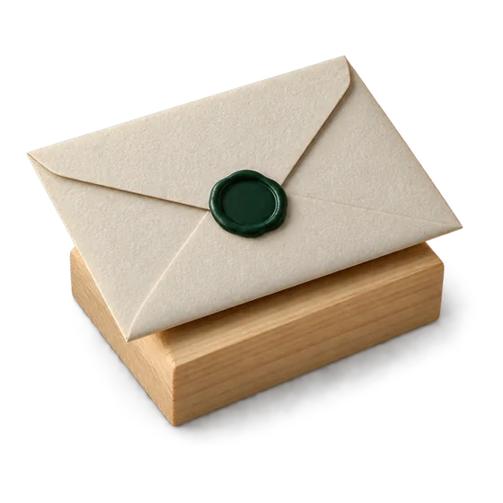 Envelope com selo de cera verde sobre um bloco de madeira